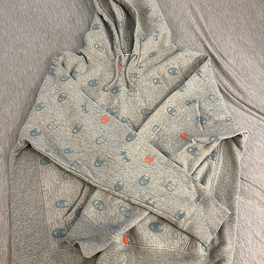 Champion Heather Gray Hoodie with Blue and Orange Accents